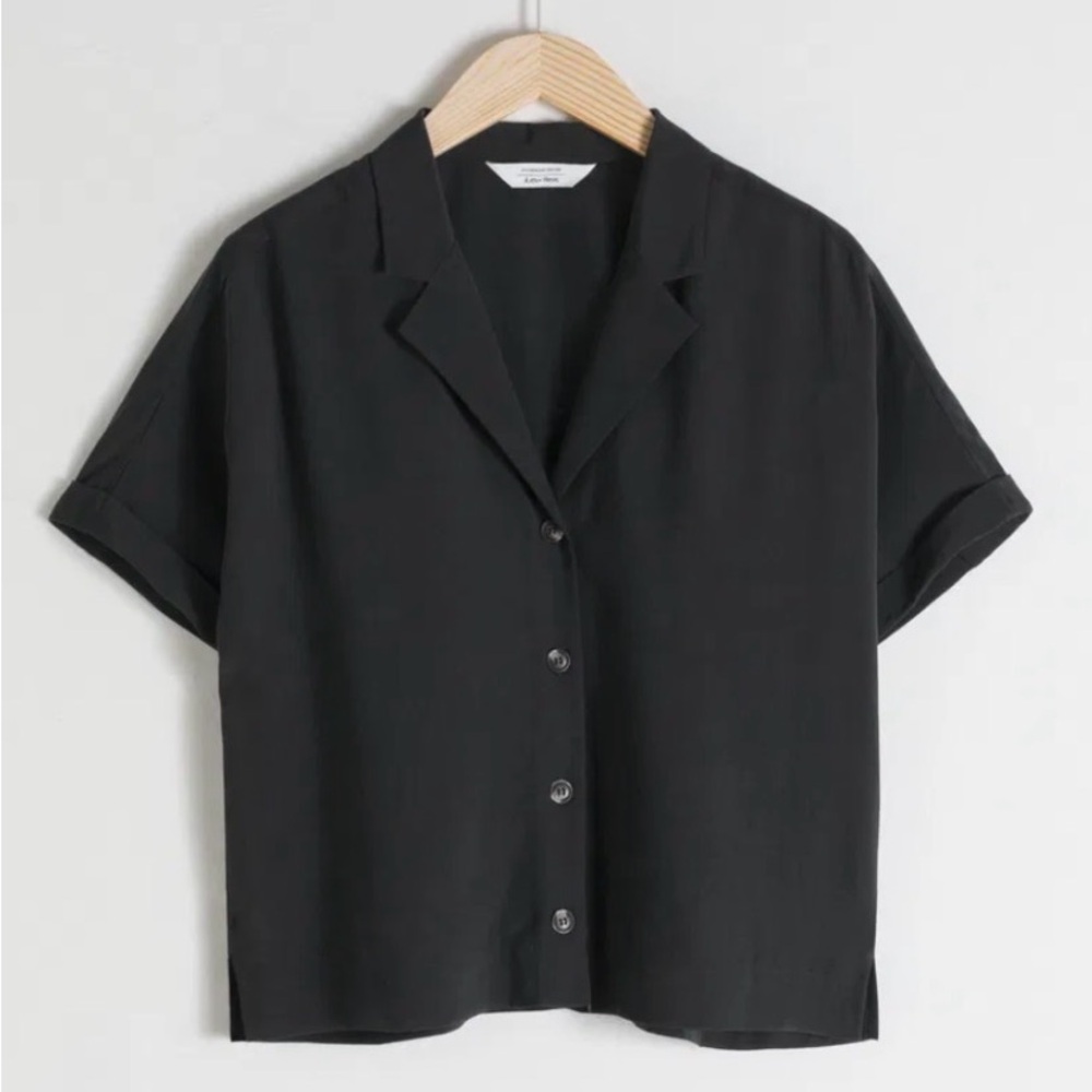 & Other Stories Black Button-Up Women's Top with rolled dolman short sleeves